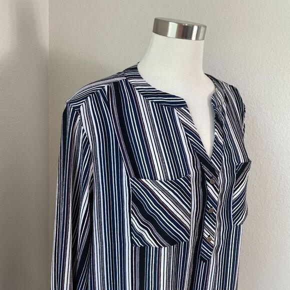 Roz & Ali Womens Plus 2X Striped Roll Tab Sleeve Blouse Pockets Top Shirt - Picture 2 of 9